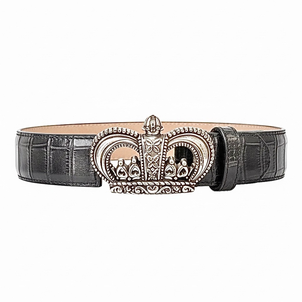 Brighton Crocodile Embossed Black Leather Western Belt Silver Crown Buckle S